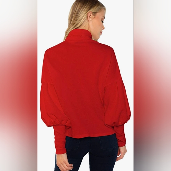 Romwe Lantern Sleeve Red Turtleneck Popover Top - Picture 2 of 12